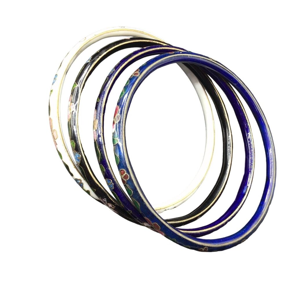 Cloisonne Bracelets Oriental Set of 4 Vintage Enamel Multicolor Stacking Bangles